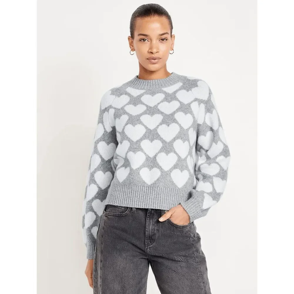 NWT Old Navy SoSoft Grey and White Heart Pattern Sweater